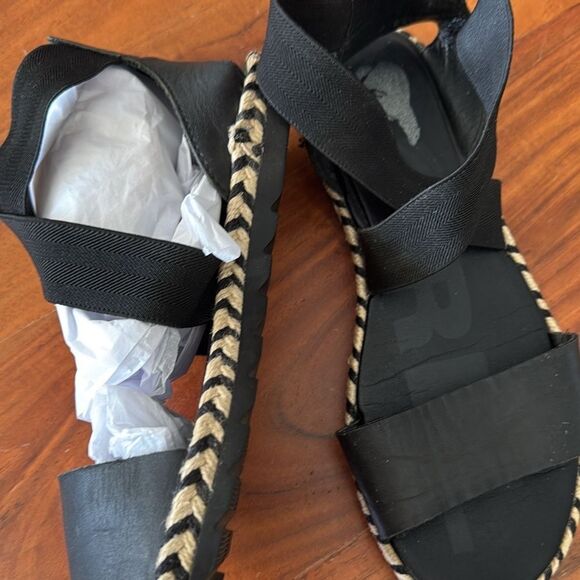 Sorel Ella I Black Leather Arrow Chevron Jute Espadrille Elastic Sandal EUC SZ 9 - Picture 4 of 6